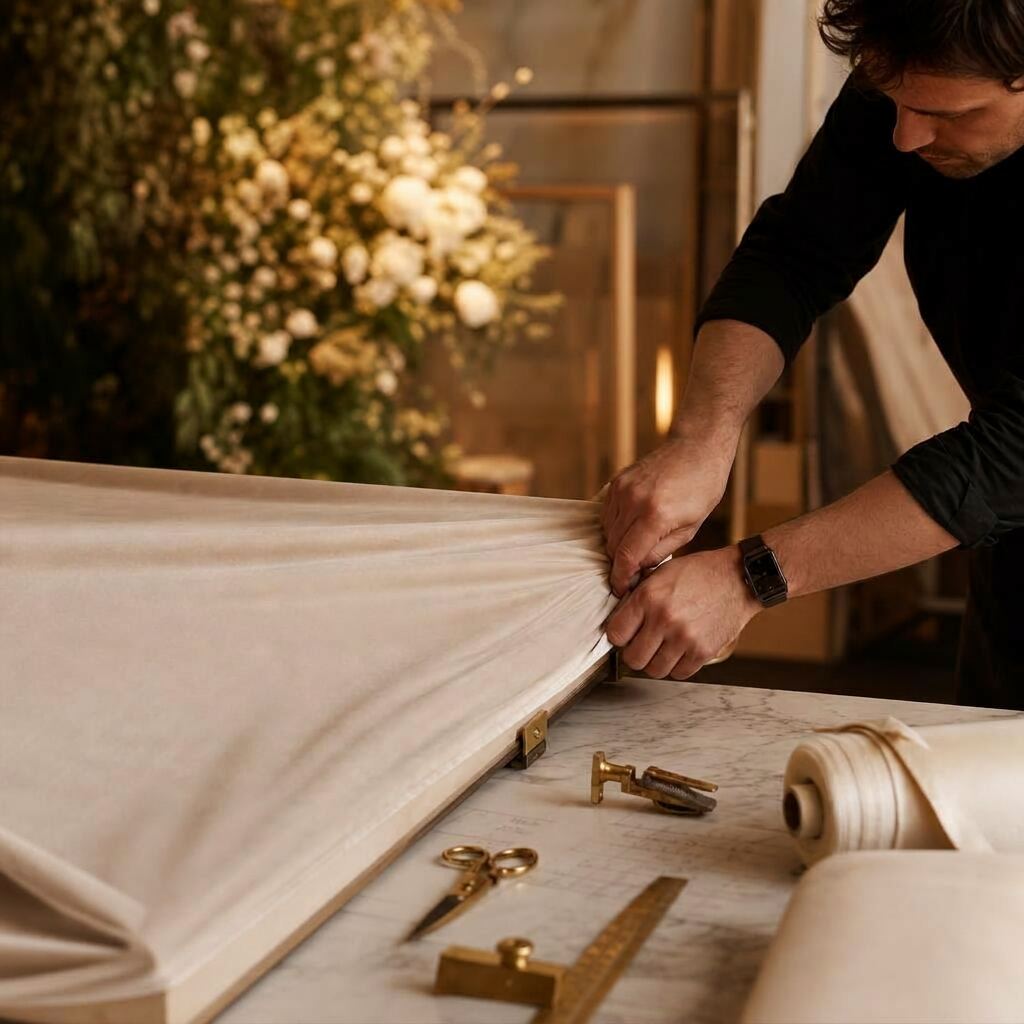 Artisan hand-finishing a premium backdrop